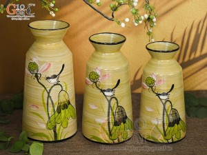 Bộ 3 lọ hoa men màu dáng cổ thắt vẽ hoa Sen hồng, cao 28cm