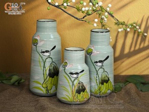 Bộ 3 lọ hoa men màu dáng miệng thon vẽ hoa Sen hồng, cao 23cm