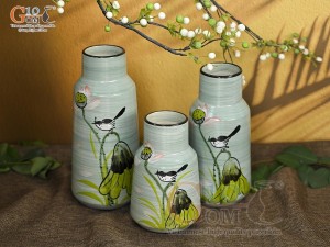 Bộ 3 lọ hoa men màu dáng miệng thon vẽ hoa Sen hồng, cao 23cm