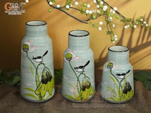 Bộ 3 lọ hoa men màu dáng miệng thon vẽ hoa Sen hồng, cao 23cm