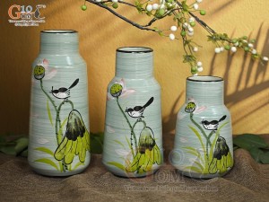 Bộ 3 lọ hoa men màu dáng miệng thon vẽ hoa Sen hồng, cao 23cm
