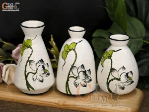 Bộ 3 lọ hoa mini men kem vẽ hoa Sen xanh, cao 14cm