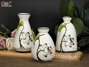 Bộ 3 lọ hoa mini men kem vẽ hoa Sen xanh, cao 14cm