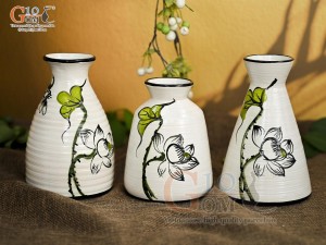 Bộ 3 lọ hoa mini men kem vẽ hoa Sen xanh, cao 13cm