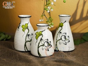 Bộ 3 lọ hoa mini men kem vẽ hoa Sen xanh, cao 13cm
