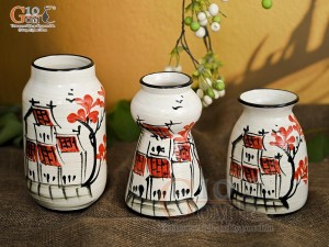 Bộ 3 lọ hoa mini men kem vẽ Phố Cổ, cao 13cm
