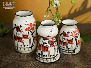 Bộ 3 lọ hoa mini men kem vẽ Phố Cổ, cao 13cm
