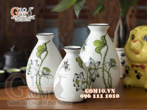 Bộ 3 lọ tròn họa tiết hoa sen, cao 21cm
