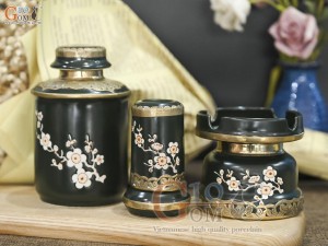 Bộ 3 phụ kiện men rêu khắc hoa mai trắng, bọc đồng