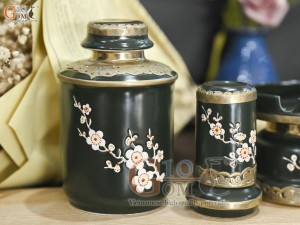 Bộ 3 phụ kiện men rêu khắc hoa mai trắng, bọc đồng