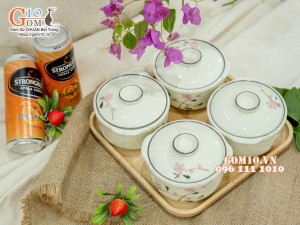 Bộ 4 bát nắp men kem vẽ hoa Đào phai, 11cm (Kèm khay)