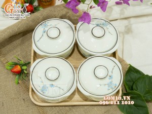 Bộ 4 bát nắp men kem vẽ hoa Đào xanh, 11cm (Kèm khay)