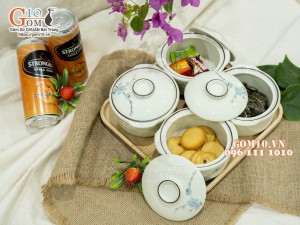 Bộ 4 bát nắp men kem vẽ hoa Đào xanh, 11cm (Kèm khay)