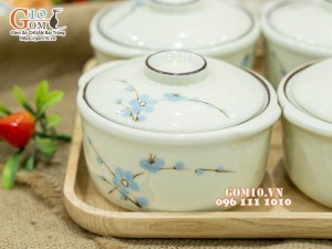 Bộ 4 bát nắp men kem vẽ hoa Đào xanh, 11cm (Kèm khay)