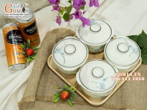 Bộ 4 bát nắp men kem vẽ hoa Đào xanh, 11cm (Kèm khay)