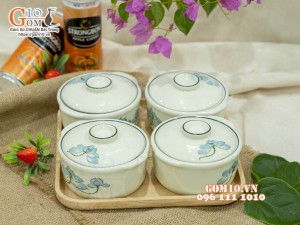 Bộ 4 bát nắp men kem vẽ hoa Sen xanh, 11cm (Kèm khay)