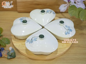 Bộ 4 bát nắp tim men kem vẽ hoa Sen xanh,(Kèm khay)