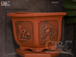 Bộ 4 chậu gốm lục giác khắc nổi Tài Lộc, miệng 57cm