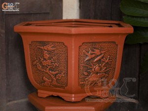 Bộ 4 chậu gốm lục giác khắc nổi Tài Lộc, miệng 57cm