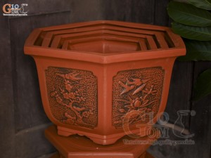 Bộ 4 chậu gốm lục giác khắc nổi Tài Lộc, miệng 57cm