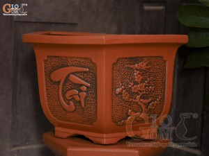 Bộ 4 chậu gốm lục giác khắc nổi Tài Lộc, miệng 57cm