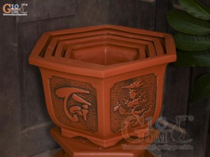Bộ 4 chậu gốm lục giác khắc nổi Tài Lộc, miệng 57cm