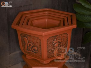 Bộ 4 chậu gốm lục giác khắc nổi Tài Lộc, miệng 57cm