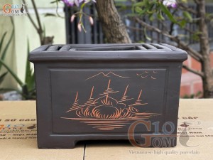 Bộ 4 chậu gốm vuông vẽ lá, màu đen, 33x33cm