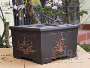 Bộ 4 chậu gốm vuông vẽ lá, màu đen, 33x33cm