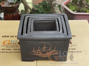 Bộ 4 chậu gốm vuông vẽ lá, màu đen, 33x33cm