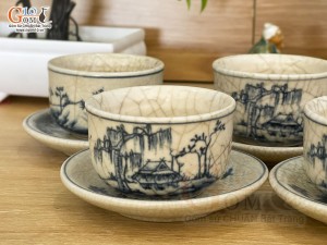 Bộ 5 chén đĩa men rạn họa tiết Sơn Thủy