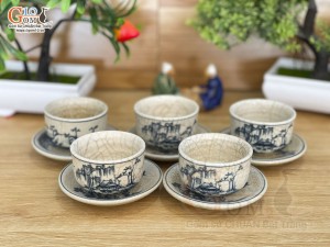 Bộ 5 chén đĩa men rạn họa tiết Sơn Thủy