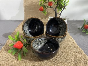 Bộ 5 chén trà men hỏa biến gấm quẹt màu đen