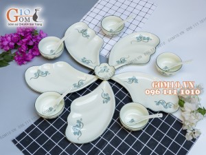 Bộ 5 đĩa cánh tiên men kem vẽ sen xanh