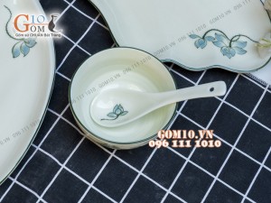 Bộ 5 đĩa cánh tiên men kem vẽ sen xanh