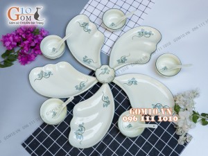 Bộ 5 đĩa cánh tiên men kem vẽ sen xanh