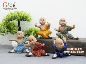Bộ 5 tượng Chú Tiểu luyện võ men màu, cao 11cm