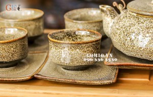 Bộ ấm chén ấm hạt nhỏ chén eo men gấm vàng