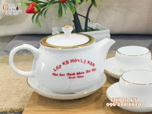 Bộ ấm chén ba chân men trắng kẻ chỉ vàng kim, in logo quà tặng
