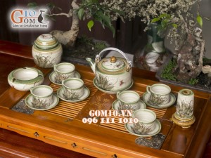 Bộ ấm chén ba chân men vuốt, vẽ chuồn, đầy đủ phụ kiện