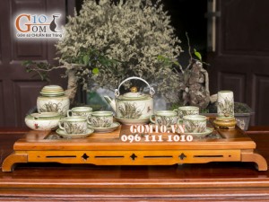 Bộ ấm chén ba chân men vuốt, vẽ chuồn, đầy đủ phụ kiện