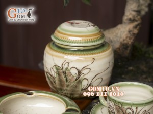 Bộ ấm chén ba chân men vuốt, vẽ chuồn, đầy đủ phụ kiện