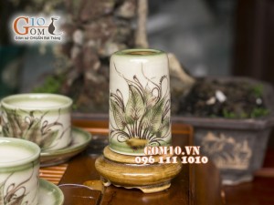 Bộ ấm chén ba chân men vuốt, vẽ chuồn, đầy đủ phụ kiện