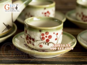 Bộ ấm chén ba chân men vuốt, vẽ hoa đào đỏ 350ml
