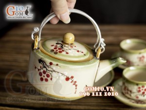 Bộ ấm chén ba chân men vuốt, vẽ hoa đào đỏ 350ml