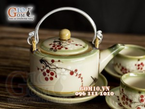 Bộ ấm chén ba chân men vuốt, vẽ hoa đào đỏ 350ml