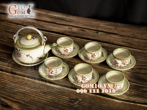 Bộ ấm chén ba chân men vuốt, vẽ hoa đào đỏ 350ml