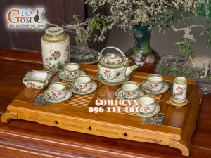 Bộ ấm chén ba chân men vuốt, vẽ sen, đầy đủ phụ kiện 350ml