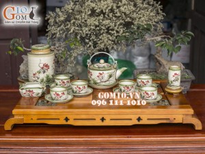 Bộ ấm chén ba chân men vuốt, vẽ sen, đầy đủ phụ kiện 350ml