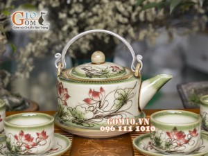 Bộ ấm chén ba chân men vuốt, vẽ sen, đầy đủ phụ kiện 350ml